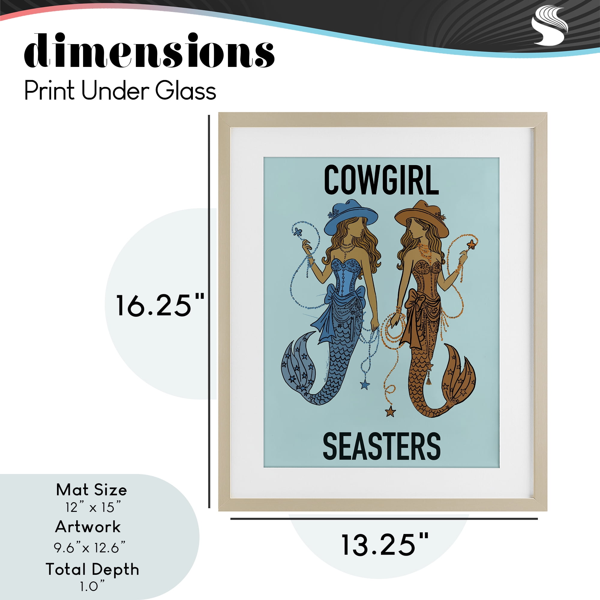Cowgirl Seasters Mermaid Friendship Birch Framed Print Under Glass, design by Amelia Noyes