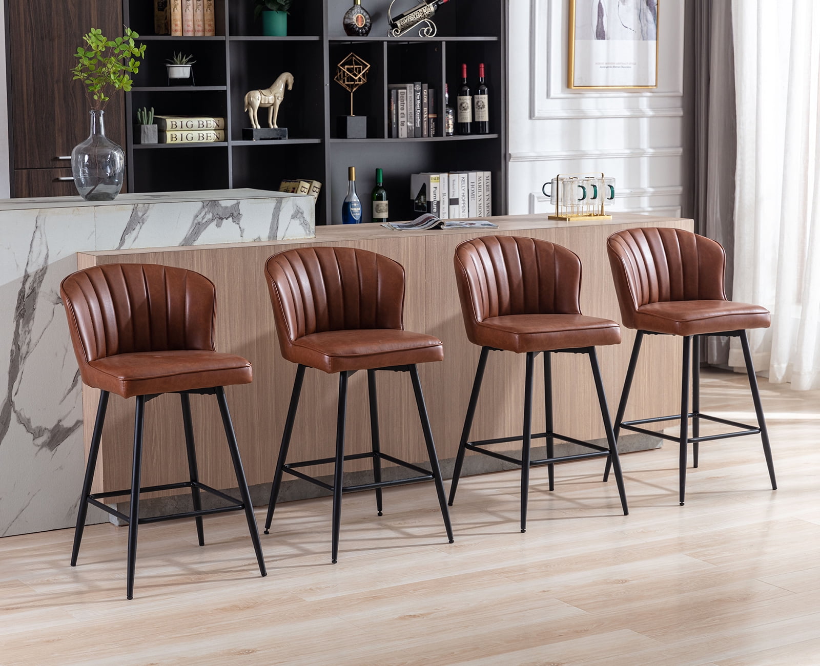 Guyou 26” Counter Height Bar Stools Set of 2, Modern PU Upholstered Kitchen Island Chairs, Barstools with Back and Footrest for Kitchen Island Pub Restaurant, Brown
