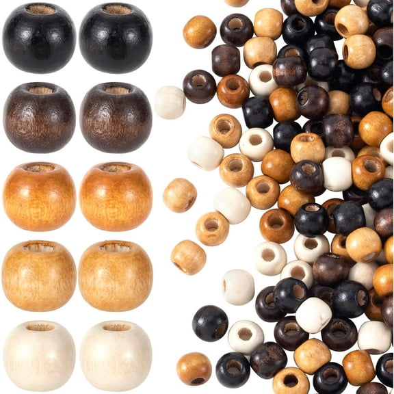 Monebena 100pcs Large Hole Wooden Beads for Crafts, Vintage Round Natural Wood Hair Bead, 5 Colors 9X10mm Wooden Loose Spacer Beads for Macrame Necklace Bracelet Hair DIY Craft Handmade Decor M01
