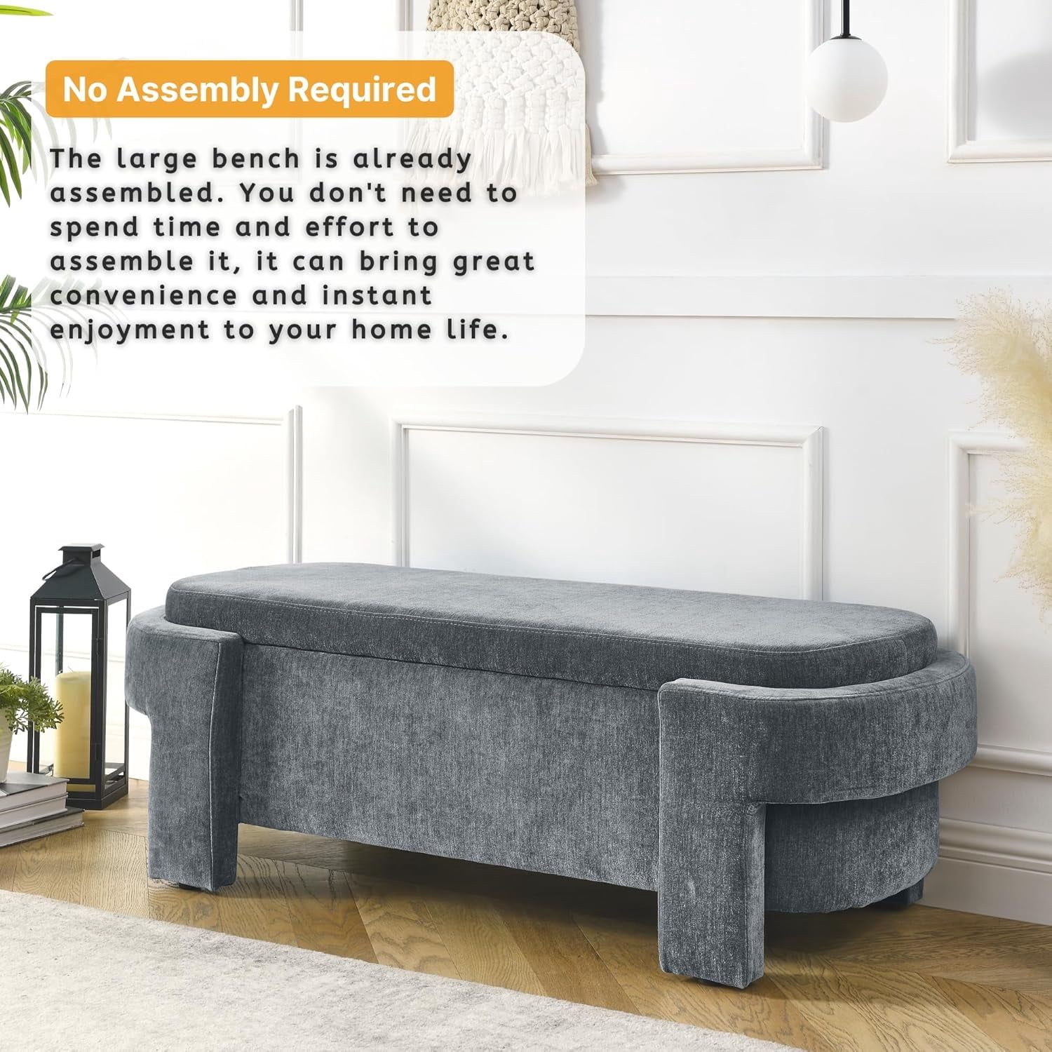 MOONMISS 51.5 Inch Chenille Storage Ottoman Bench with Flip Top No Assembly for Bedroom Entryway Living Room,Grey