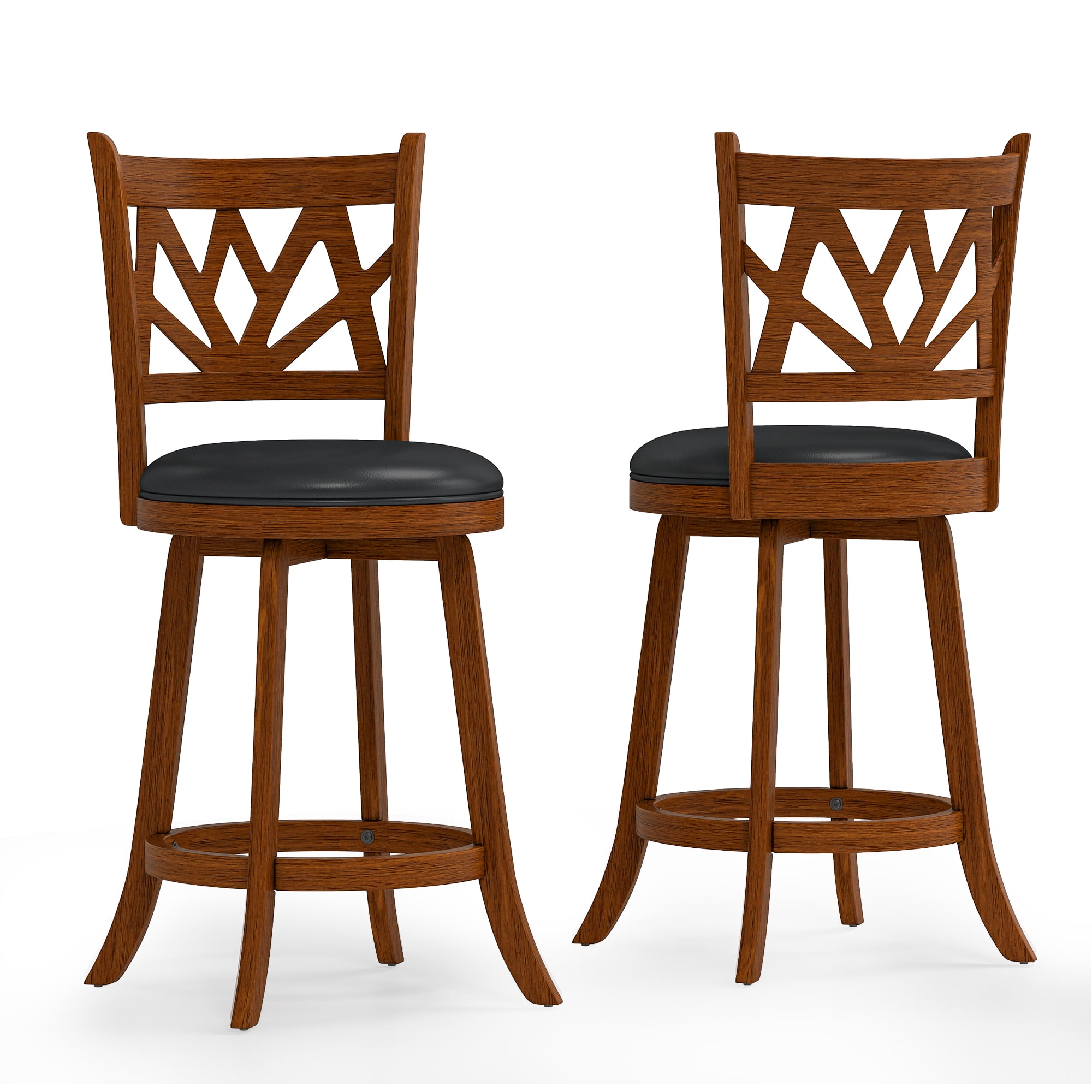 Joywind Farmhouse Swivel Bar Stools Set of 2, 24" Carved Lotus Barstools, Faux Leather Upholstered Counter Chairs with Solid Footrest & Wood Legs, Rustic Brown