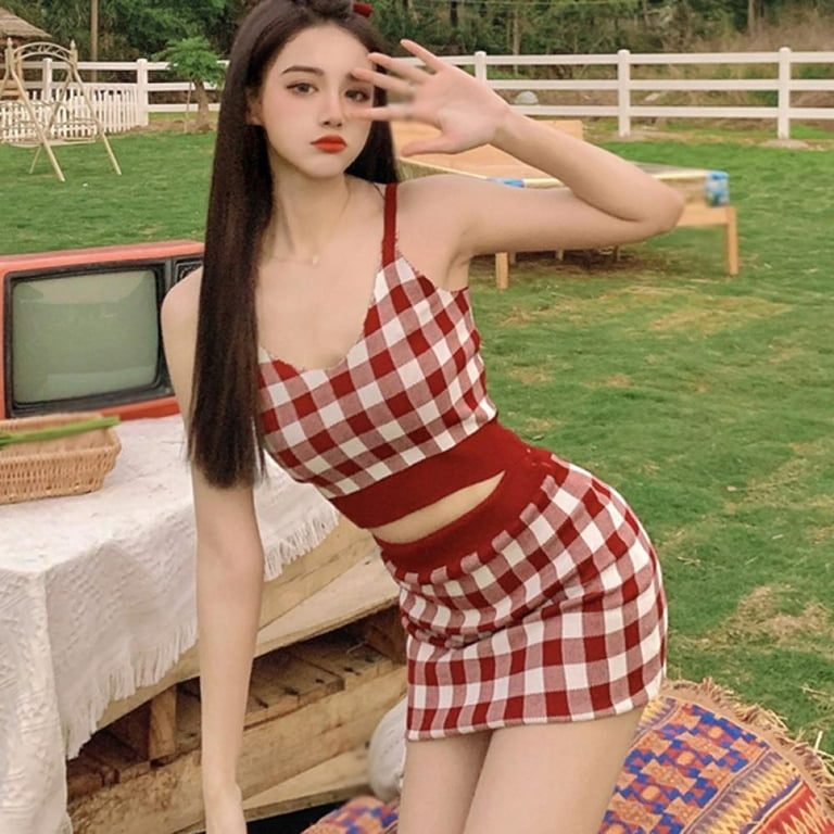 Women's 2 Piece Crop Tank Top with Skirt Set Plaid Bodycon Mini Knitted  Dress - Walmart.com