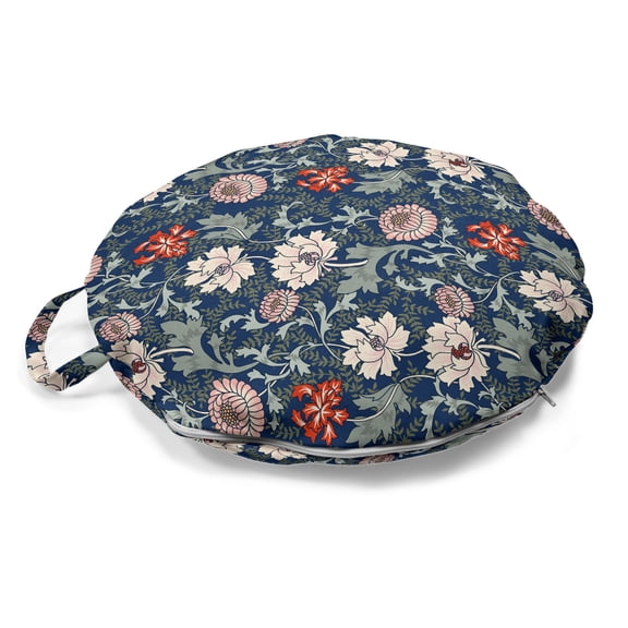 Floral Round Floor Cushion with Handle, Oriental Blossom Motifs Boho Classic Petals Shabby Retro Vintage Art, Pillow for Living Room & Dorms, 18" Round, Night Blue and Multicolor, by Ambesonne