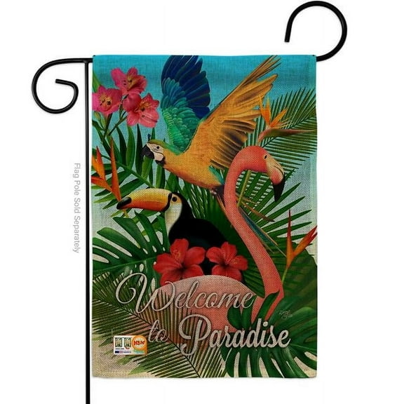 Breeze Decor BD-BI-G-105053-IP-DB-D-US18-BD 13 x 18.5 in. Tropical Bird Paradise Burlap Garden Friends Birds Impressions Decorative Vertical Double Sided Flag