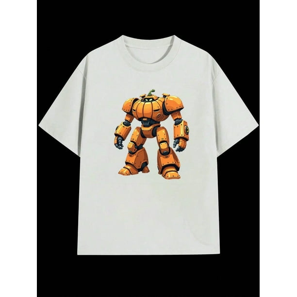 Boys Halloween Pumpkin Robot Graphic T-Shirt, Black Simple and Casual Style Halloween Shirts With Pumpkin Robot, Girls/Boys Fall Clothes, Round Neck Short Sleeve T-Shirt
