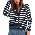 thumbnail image 2 of ZQUUVOU Women's Striped Cardigan Sweaters Crewneck Button Down Long Sleeve Casual Cropped Knit Lady Tops Navy, 2 of 8