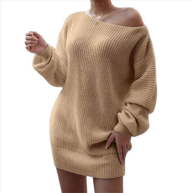 Vestido Tipo Jersey de Larga con Hombros Descubiertos y Farol para Mujer, de Otoño, Holgado, de Punto Acanalado, Liso Caqui M