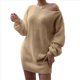 thumbnail image 1 of Vestido Tipo Jersey de Larga con Hombros Descubiertos y Farol para Mujer, de Otoño, Holgado, de Punto Acanalado, Liso Caqui XL, 1 of 9