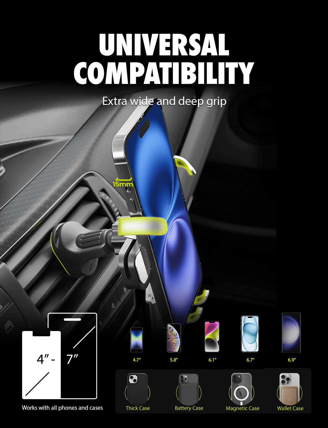Bracketron AutoGrip Universal Car Vent Phone Mount, One-Hand Lock, Gravity Grip, Fits Phones up to 3.75" Wide