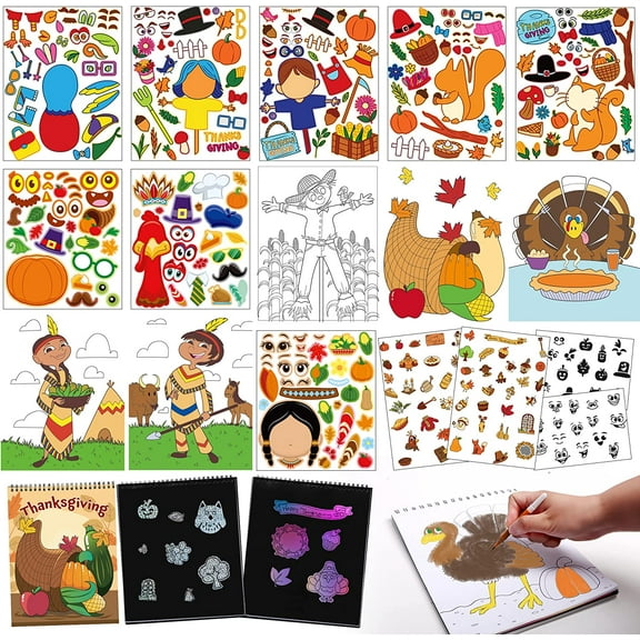 JOYIN 53 Sheets Thanksgiving Crafts Notebook with 20 Make-a-face Make A Turkey Stickers, 10 Coloring Book, 10 Scratch Cards, 5 Plain Paper and 8 Stickers Thanksgiving Party Favor Classroom Gifts