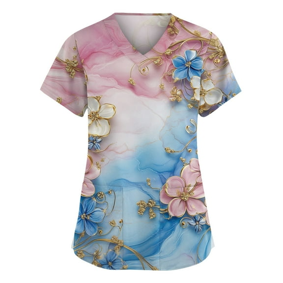 Nurse Scrubs, Casual V Neck Short Sleeve Scrub Top-Floral Print Loose Fit Nursing Uniform With Pockets Pewter Scrubs For Women Pink Tops Woman Mock Size Tops Tank Tops (XXL, Sky Blue) ZMTing