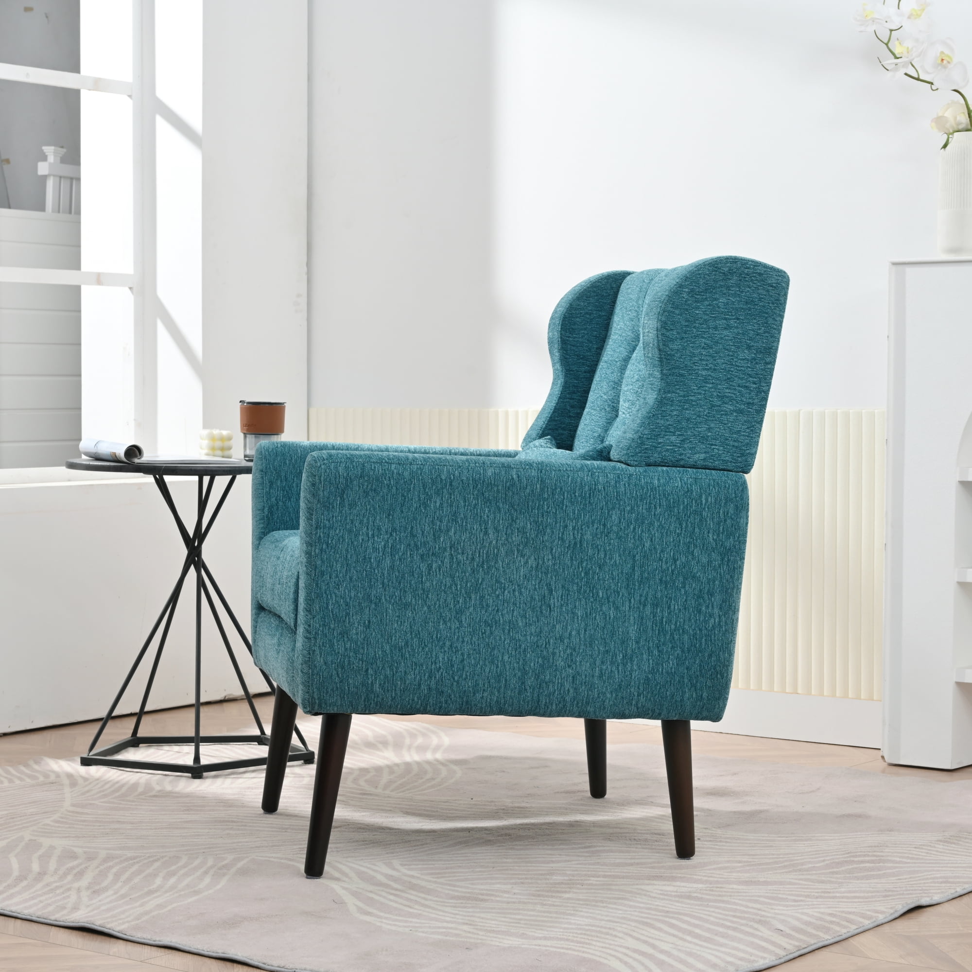 Leumius Modern Accent Chair with Solid Wood Leg, Chenille Armchair with Pillow, Comfy Soft Padded Lounge Chair for Small Space, Bedroom, Living Room Teal