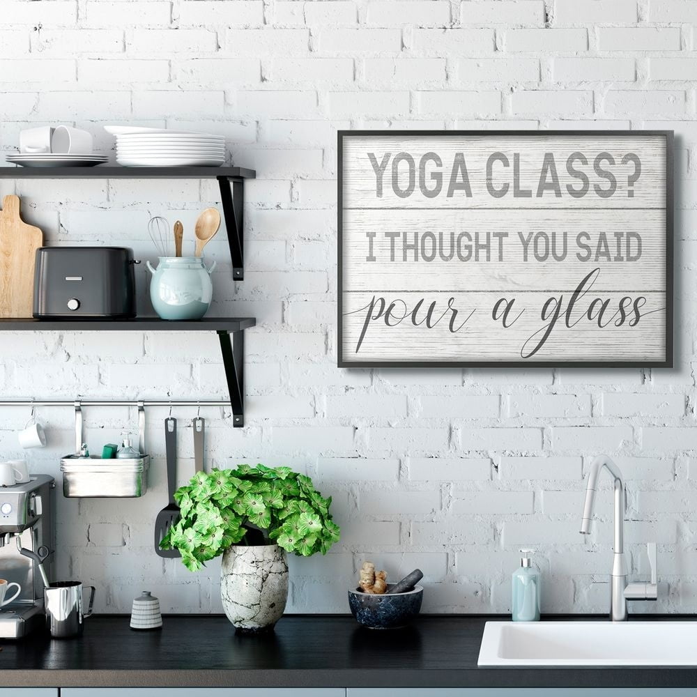 Stupell Industries Yoga Class or Pour A Glass Phrase Alcoholic Drink Humor Framed Wall Art Design by Daphne Polselli, 16" x 20", Black Framed