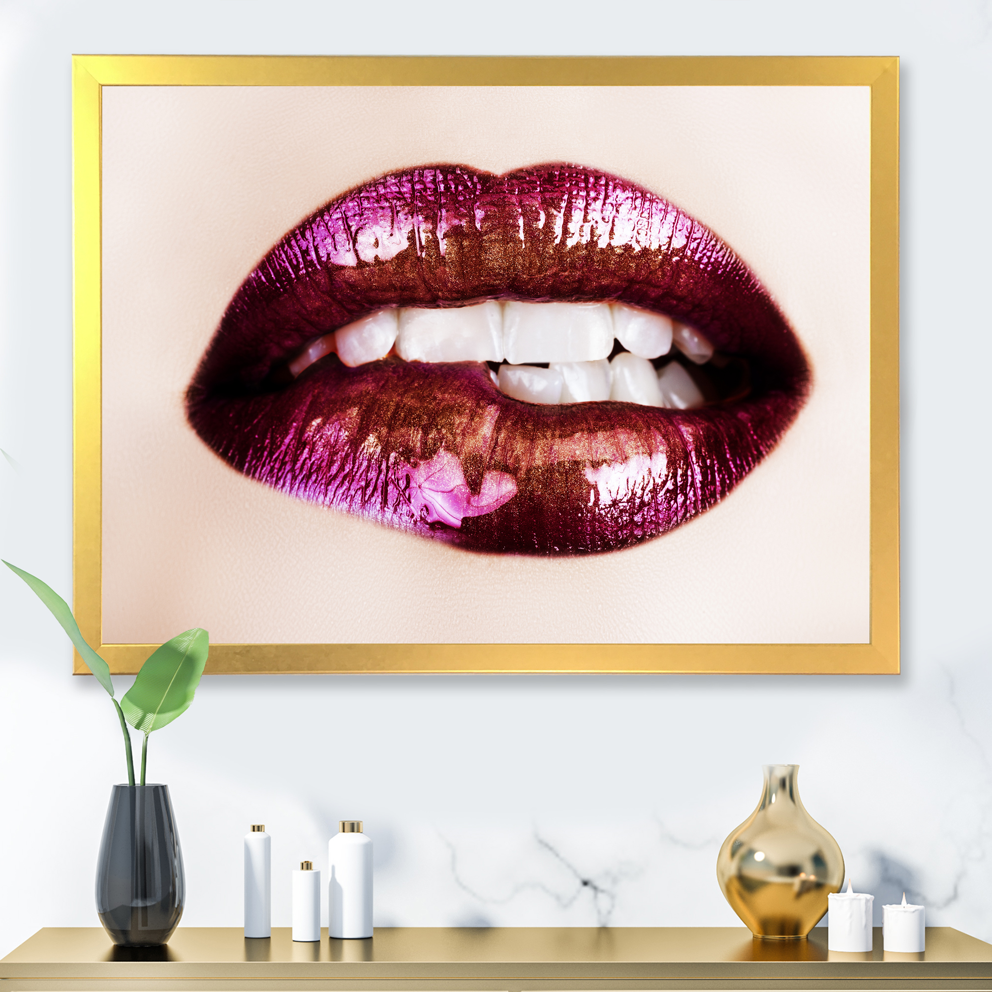 Designart 'Close-Up Of Purple Female Lips' Modern Framed Art Print