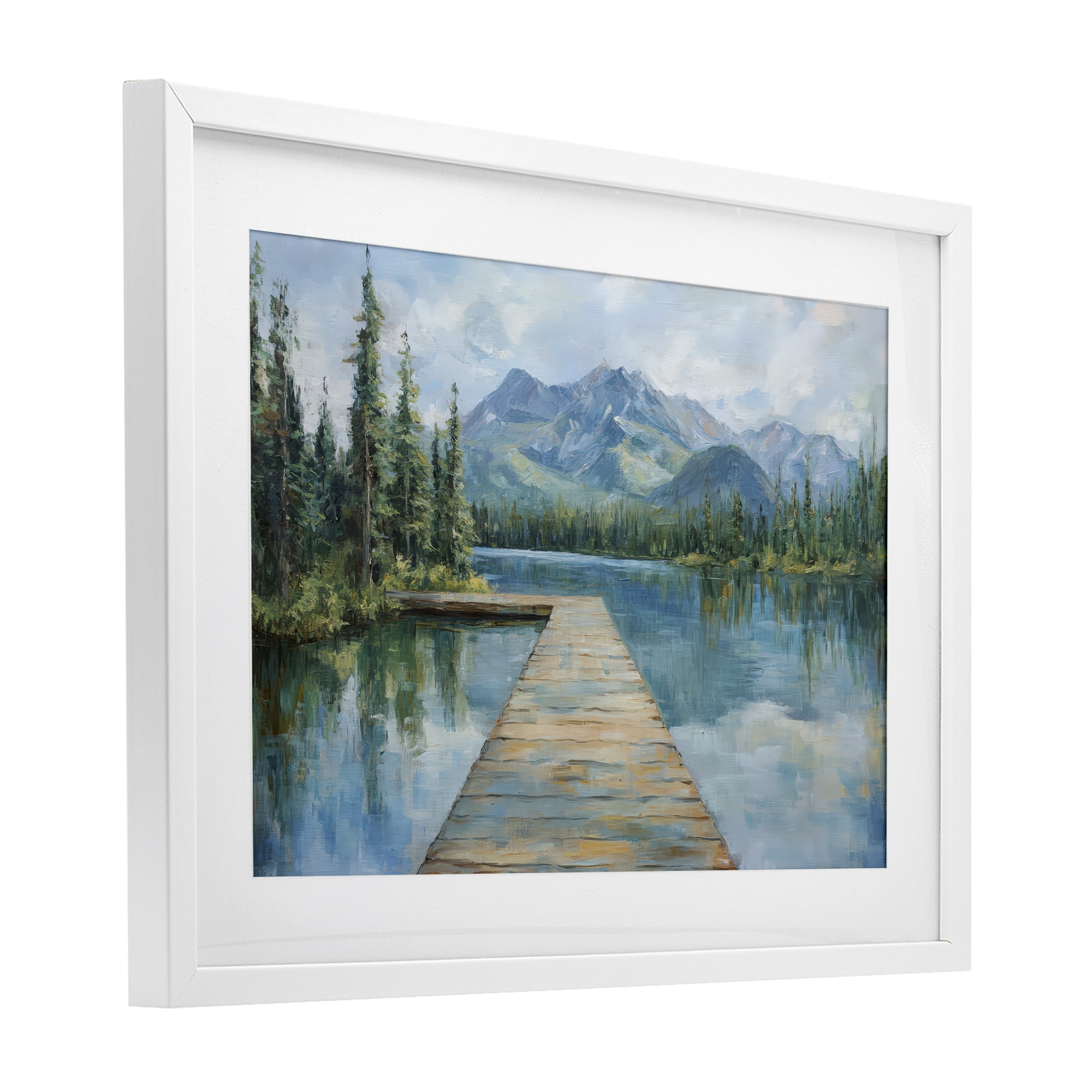 Stupell Industries Peaceful Lake Dock in the Mountains White Framed Print Under Glass, design by Petal Prints Design