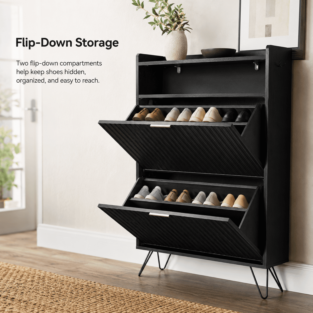 Alvantor Shoe Cabinet, 2 Flip-Down Doors with Hooks, Holds 10-12 Pairs, 31.5" W, Black