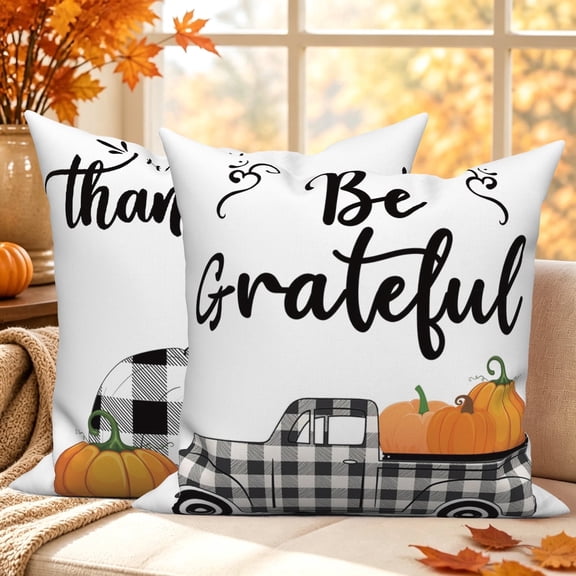 Fall Thanksgiving Buffalo Plaid Pillow Covers 18x18 Set of 2 Farmhouse Pumpkin Truck Decorative Throw Pillow Cases Double-Sided