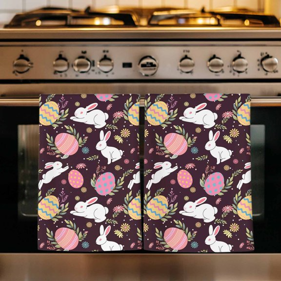 Easter Bunny Eggs Kitchen Towels Set of 4, Spring Leaves Daisy Flowers Vintage Purple Absorbent Dish Towels for Kitchen, Microfiber Hand Towel, Quick Drying Tea Towel for Cleaning Dishcloths