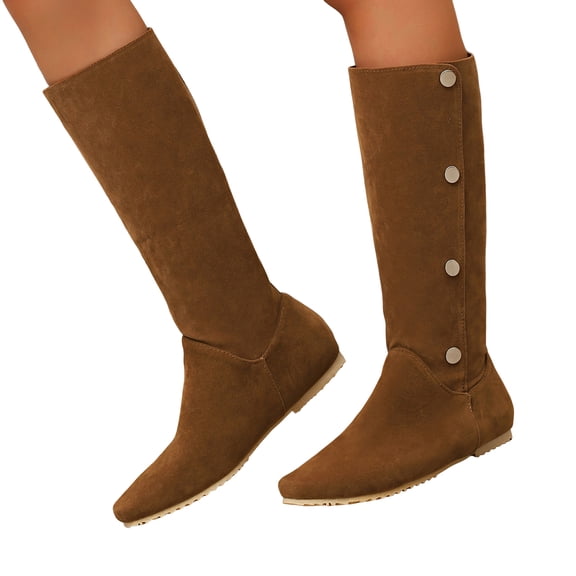 Womens Mid Calf Boots Suede Pointed Toe Flat Heel Antislip Long Booties Adjustable Button Fold Over Ankle Boots
