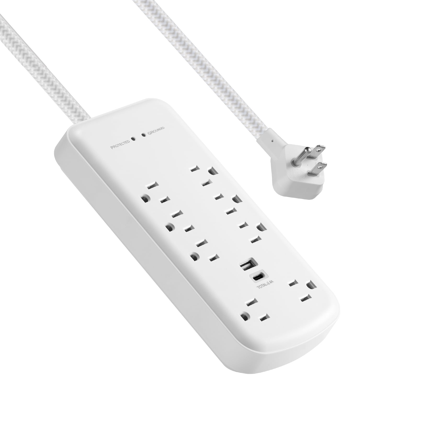Hyper Tough Surge Protector Power Strip with USB-A, USB-C, 8 Outlets, 10ft Extension Cord, White