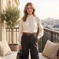 thumbnail image 5 of Womens Solid Mock Neck Pleated Blouse, Long Sleeve Lantern Cuff Relaxed Fit Shirt, Smooth Fabric Elegant Work Commute Daily Outfit, 5 of 7