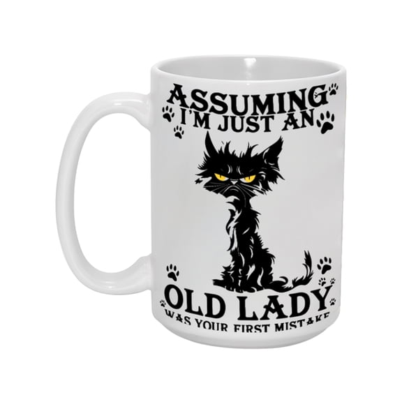 15oz Black Cat Lover Mug - 'Assuming I'm Just an Old Lady Was Your First Mistake' Ceramic Coffee Cup, Perfect Gift for Feline-Loving Grandmas
