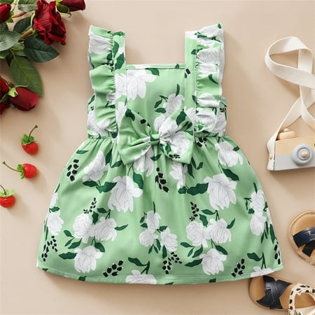

PEASKJP Birthday Dresses for Girls Toddler Girls Sleeveless Floral Prints Boho Ruffled A-Line Pageant Dress Green 3-4 Years