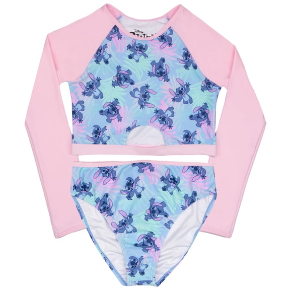 Disney Lilo & Stitch Girls' 2-Piece Swimsuit, Long-Sleeved Rash Guard & Bikini Bottoms, Sizes 2T-6X