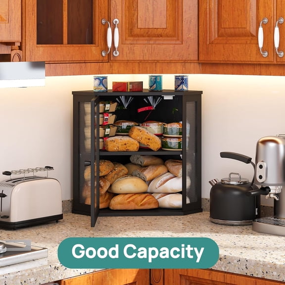 Corner Bread Box for Kitchen Counter, Bamboo Wood Large Capacity Bread Storage Bin with Acrylic Wavy Door Panel (Black, Extra Large)