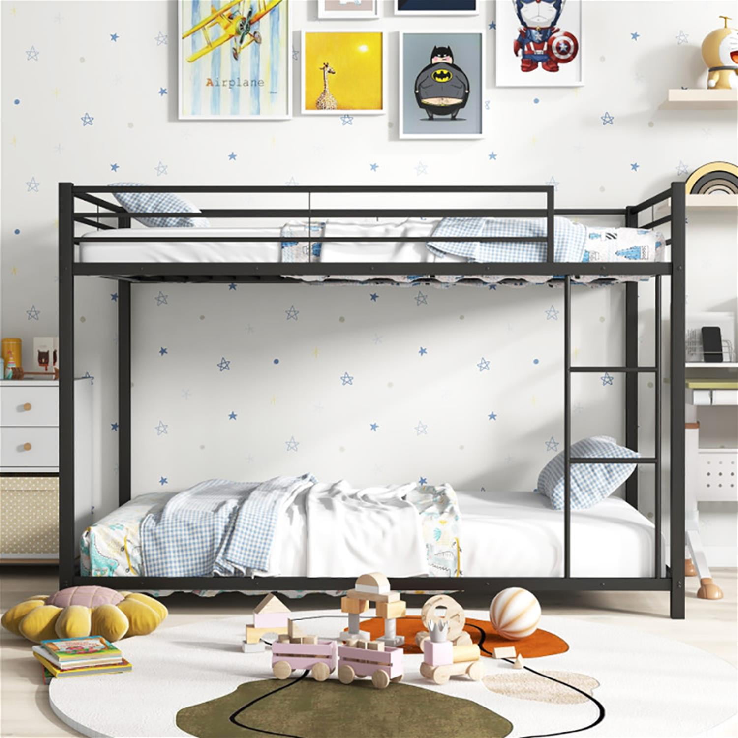 Demi Bonn Low Profile Twin Over Twin Bunk Bed with Full-length Guardrails, Sturdy Metal Twin Bunk Beds, Bed Frame, Black