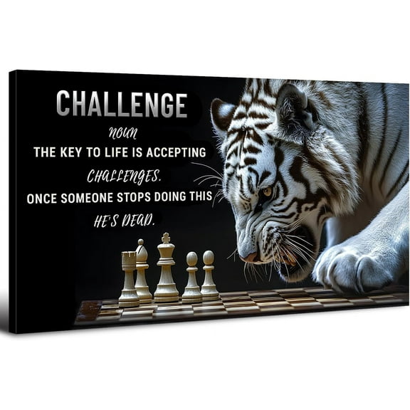 Aaheei Black and White Wall Art Inspirational Wall Decor for Office Motivational Pictures Tiger Chess Canvas Prints Challenge Positive Quotes Painting Modern Artwork Bedroom Living Room Decoration