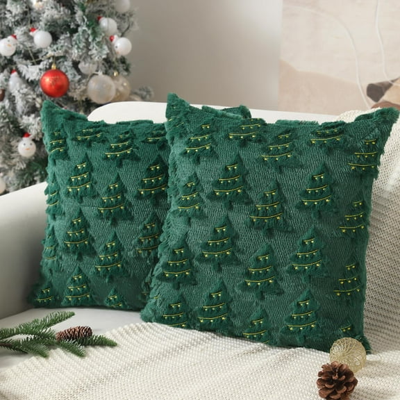 Lomyolo Christmas Pillow Covers 18x18 Inch Set of 2 Luxury Faux Fleece Farmhouse Accent Throw Pillow Cases for Couch, Sofa, Living Room Holiday Decor for Xmas Winter Home Decoration - Green