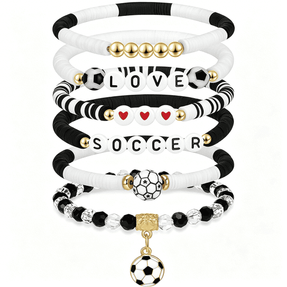 TUWAFE Soccer Bracelets for Girls, 6Pcs Stackable Soccer Beaded Bracelet Set, Soccer Jewelry Gifts for Players, Daughters, Teammates, Team Game Day Accessories.