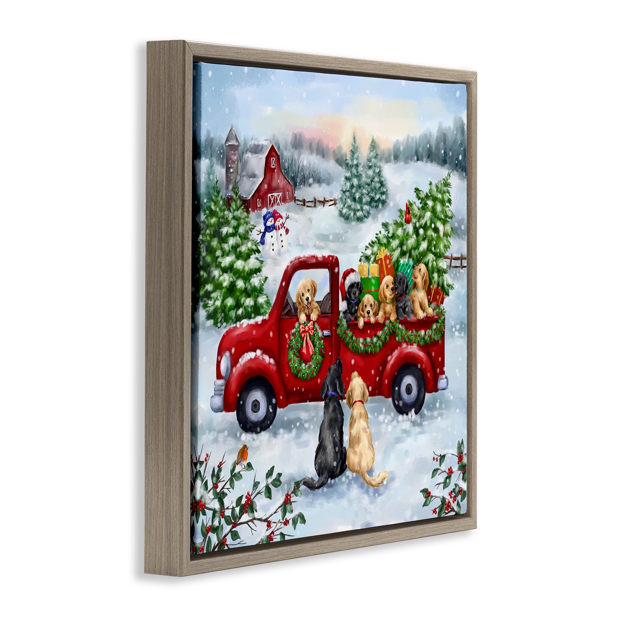 Stupell Industries Holiday Truck & Tree Holiday Painting Brown Floater Framed Canvas Art Prints Wall Art, 25 x 25