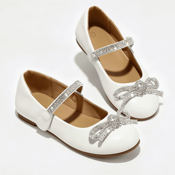 Rexoro Girls' Mary Jane Flats Kids Sparkly Rhinestone Bow Dress Shoes Princess Girls Shoes for Wedding Party White 13 Little Kid