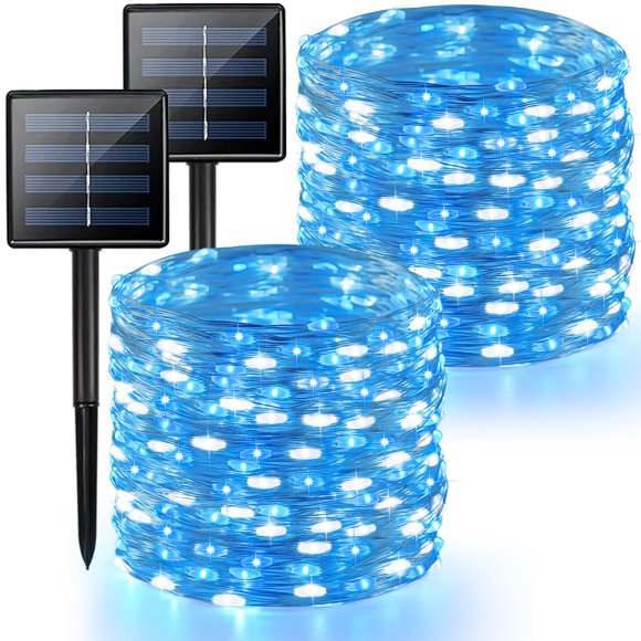 Luces solares en cadena BHCLIGHT 200 LED 80 m azul y blanco, paquete de 2