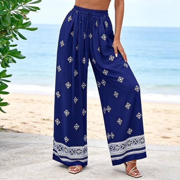 ITSAME Womens Wide Leg Pants, Loose Fit Boho Print High Waist Beach Vacation Casual Pants Blue Size 2XL