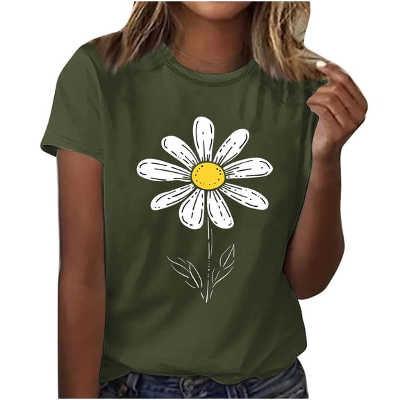 HONHUZH Womens Summer Tops Daisy Printed Crew Neck Casual T-shirt Short Sleeve Crew Neck Top
