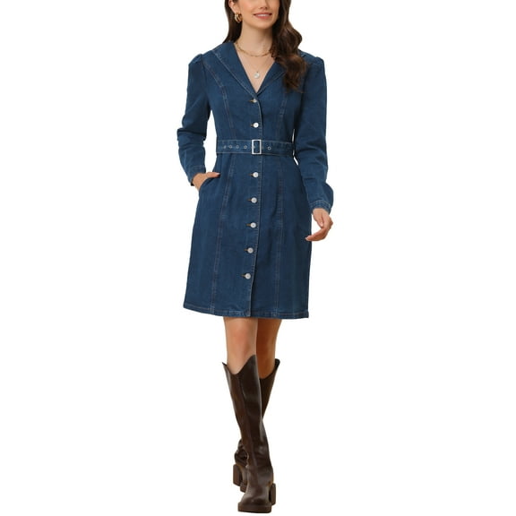 INSPIRE CHIC Denim Shirt Button Down 2023 Lapel Colla Jean Dress with Belt Pockets XS Dark Blue