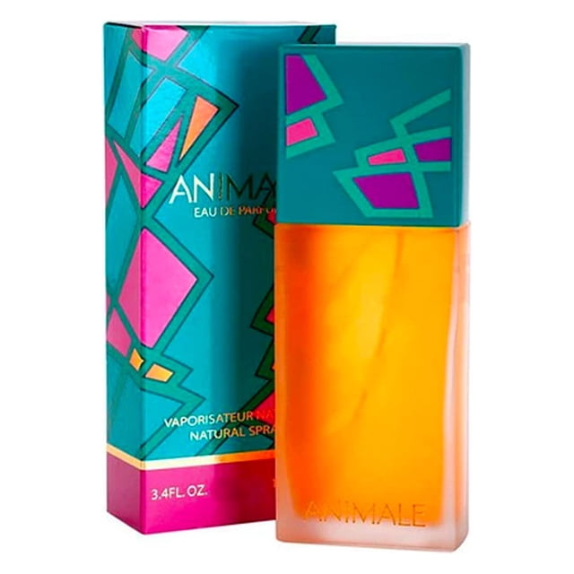 perfume animal classic de animale edp 100 ml Frasco rectangular de vidrio ámbar con tapa turquesa decorada con motivos geométricos fucsia y verde; caja a juego con patrón geométrico y nombre de la marca. Presentación 100 ml para dama, eau de parfum; adecuado como fragancia para salidas y ocasiones especiales.
