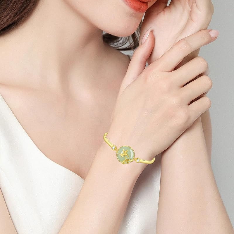 JKR Jade Bracelet for Women 14k Plated Sterling Silver Lotus/Sunflower/Tree of Life/Hummingbird/Dragonfly/Bee/Butterfly/Cat Jade Jewelry Birthday Mothers Day Gifts for Mom Grandma