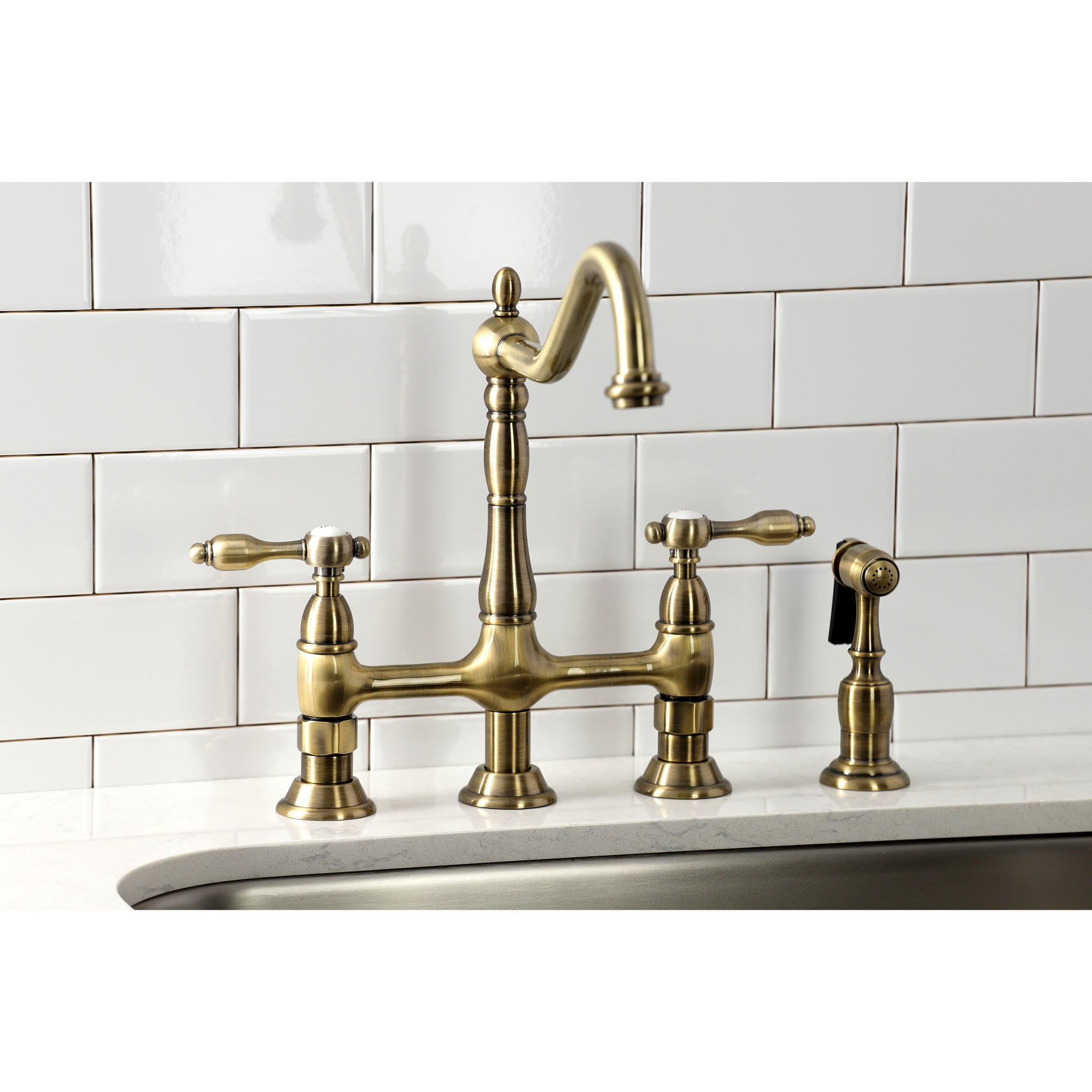 Kingston Brass KS1273TALBS Tudor Bridge Kitchen Faucet with Brass Side Sprayer, Antique Brass