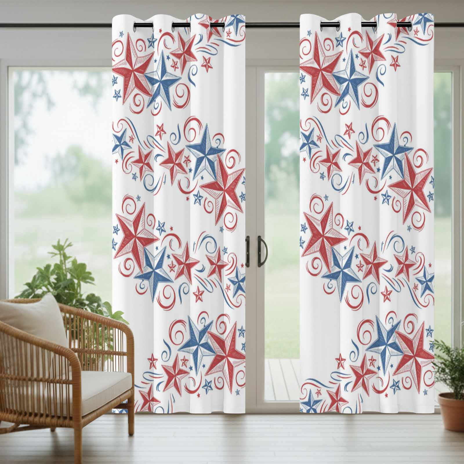 Independence Day Star Outdoor Curtains for Patio, 4th of July American Flag Red Blue Star Sunshade Privacy Drapes Grommet Waterproof Outside Curtains for Porch/Cabana/Balcony 54"x 84", 1 Panel