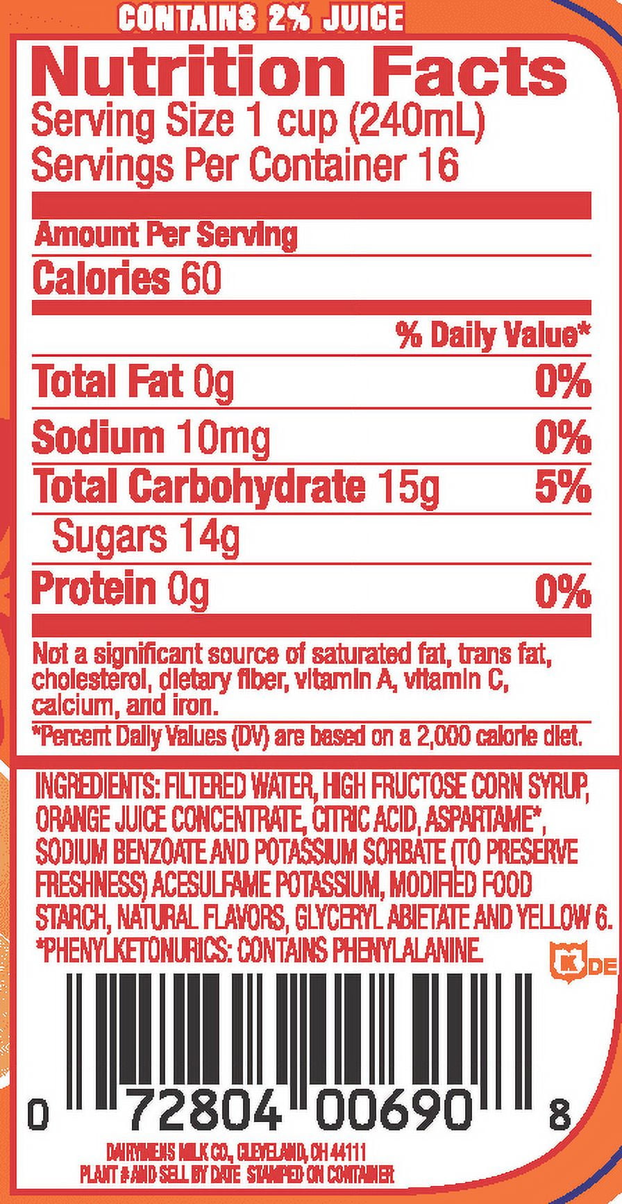 Dairymens Orange Flavored Fruit Drink, 1 Gallon Jug, Liquid, Smooth