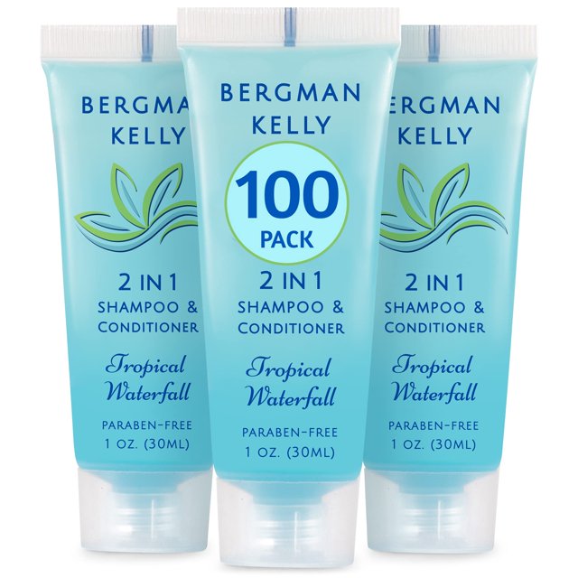 Bergman Kelly - Format Voyage 2 en 1 Shampooing et Revitalisant - 1 fl oz, 100 PK, Tropical Waterfall - Régalez Vos Invités avec un Shampoing Revigorant et Rafraîchissant