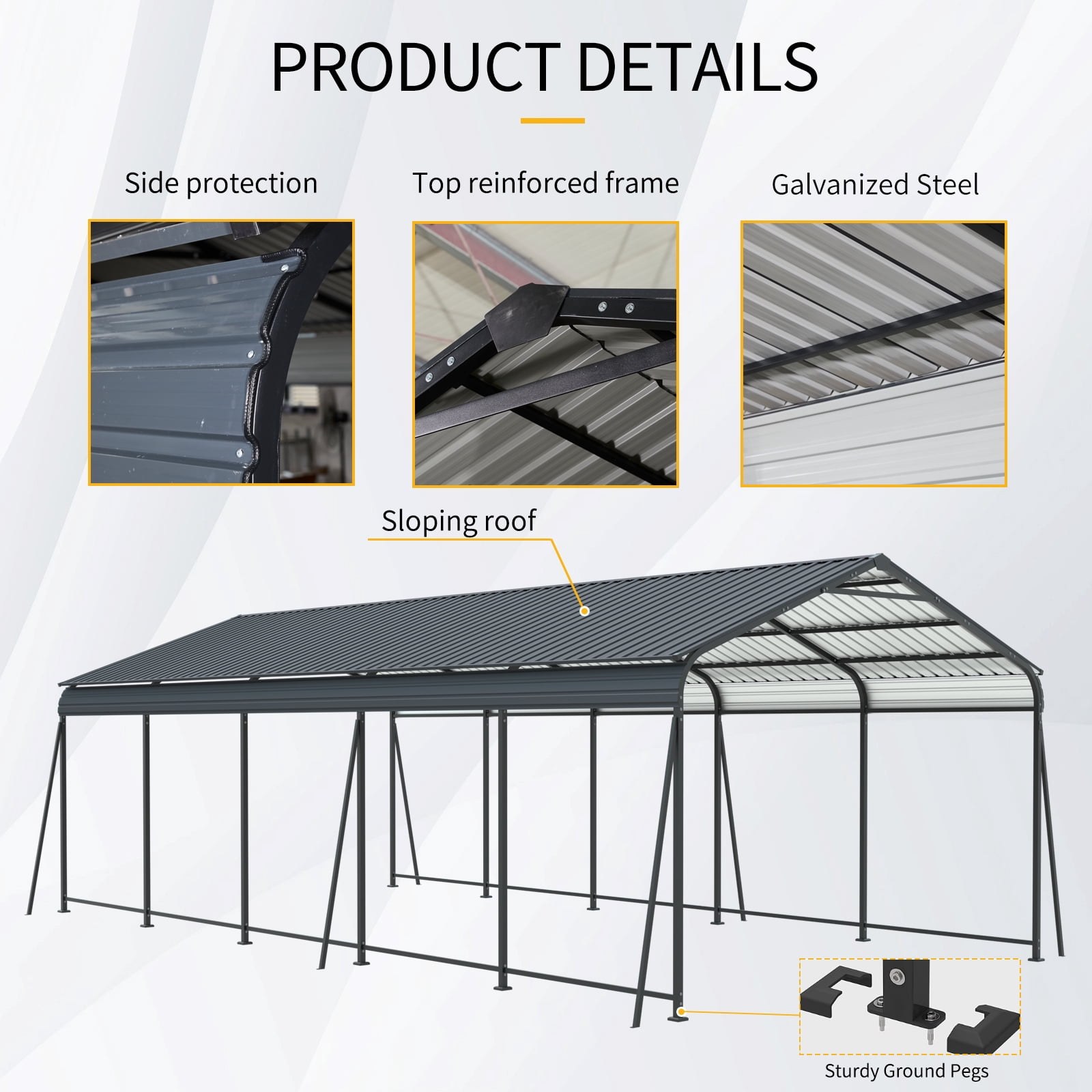 taoruifang 13×26.5 FT Carport Heavy Duty Metal Carport Canopy with Galvanized Steel Roof and Frame 6 Fixed Inclined Square Tube Supports for Driveway Car Truck Boat RV Charcoal