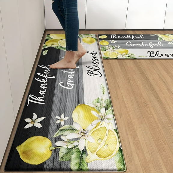 LAMIRO Yellow Lemon Anti-Fatigue Kitchen Rug Set of 2 Grey Black Farmhouse Vintage Wood Cushioned Kitchen Floor Standing Mat Waterproof Non-Slip Kitchen Mat and Rugs Ergonomic Comfort Foam Rug