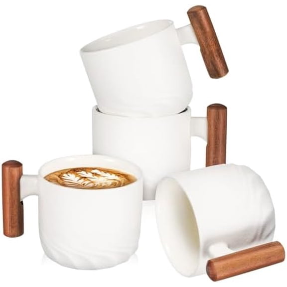 Ceramic Espresso Cups With Wooden Handle, 60ml Small Coffee Cups, Set of 4 Ceramic Tea Cups, Modern Demitasse Cups, Microwave Dishwasher Safe$$Home Decor, Kitchen, & Other