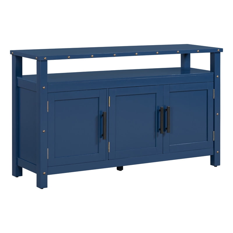 Mid-Century Modern 3-Door Buffet Sideboard Console Table with Nailhead Trim, 2-Tier Open Shelving Coffee Bar Storage Cabinet
