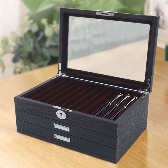 34 Slot Wood Fountain Pen Display Case Holder Storage Collector Box Velvet